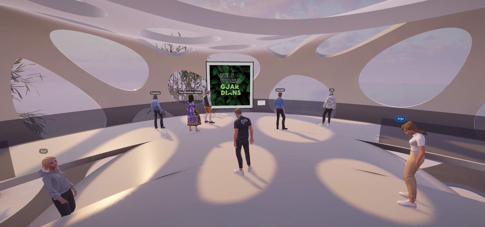 Virtual office space with seating and a view of a city skyline