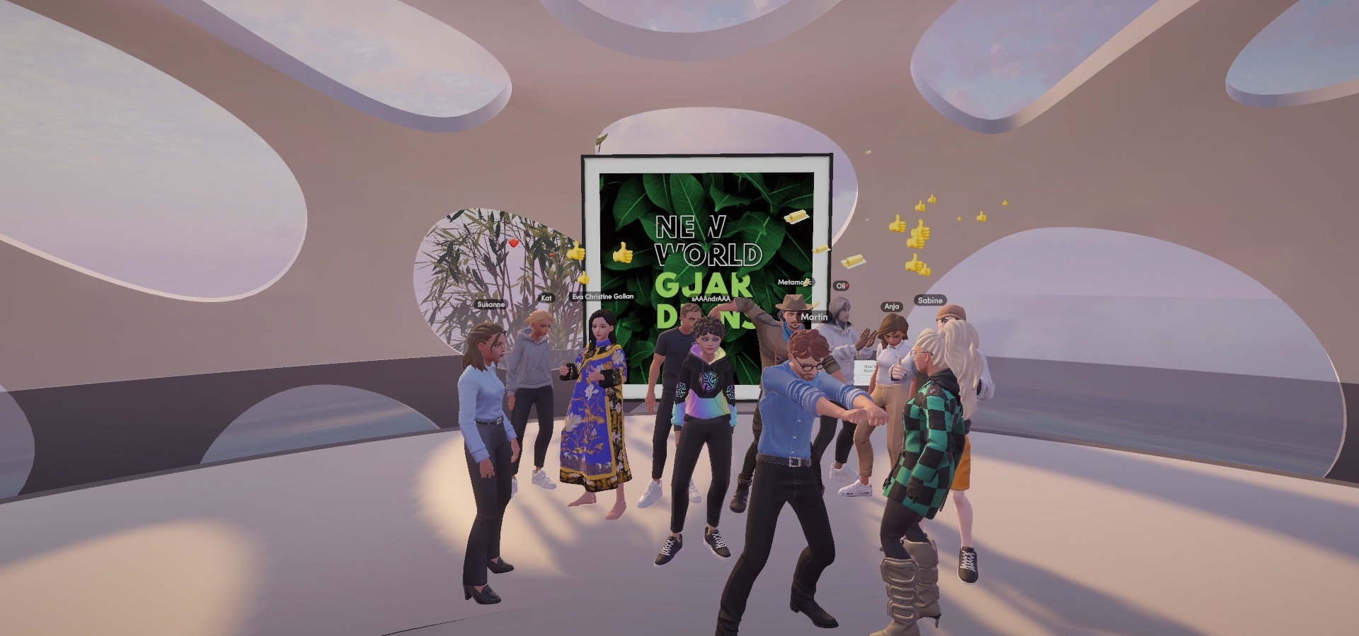 A group of avatars gathered in a virtual space