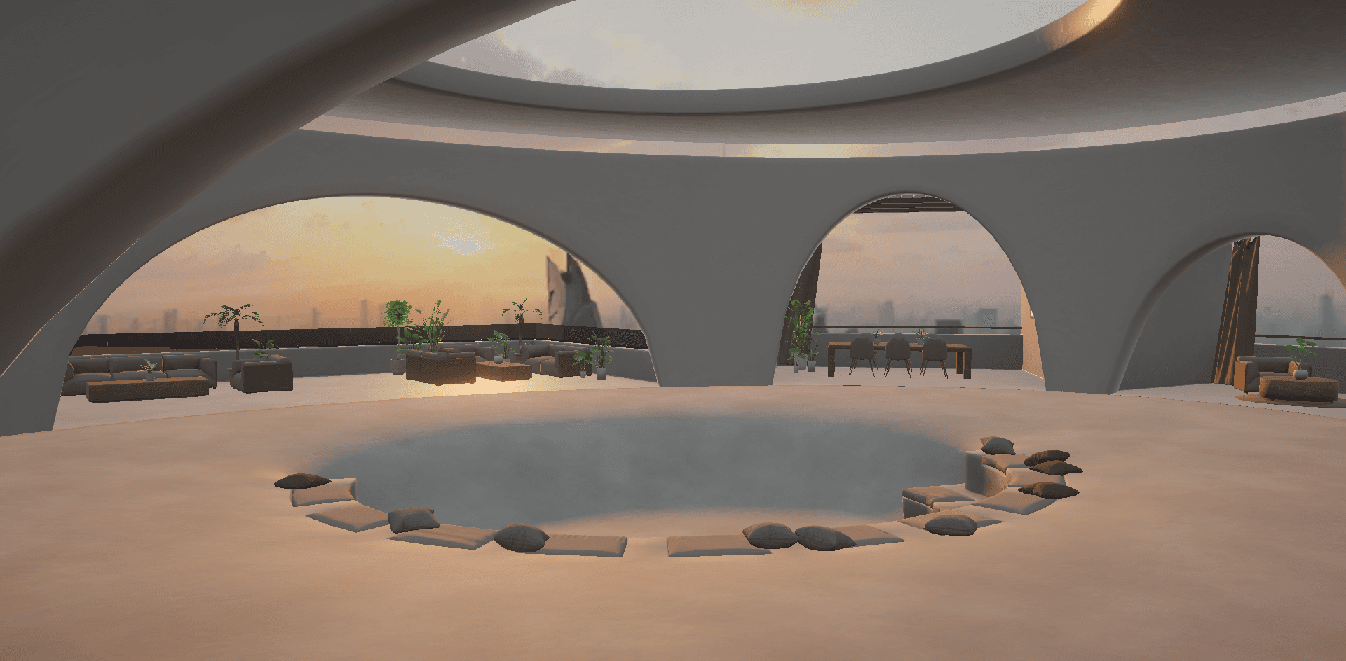 Virtual lounge area with circular seating
